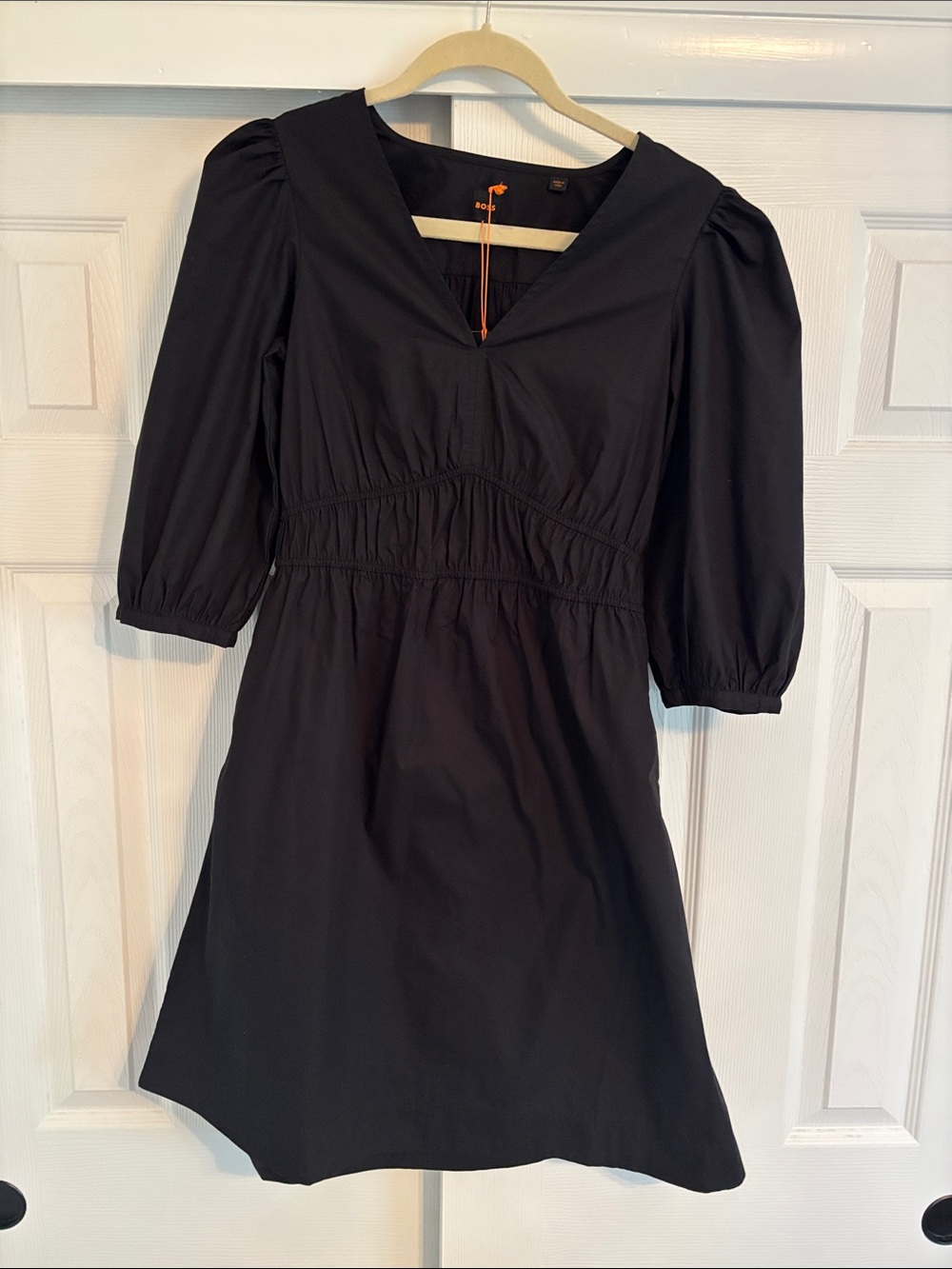 Hugo Boss Dezzan NWT Puff-Sleeve V-Neck Dress in Black 100% Cotton